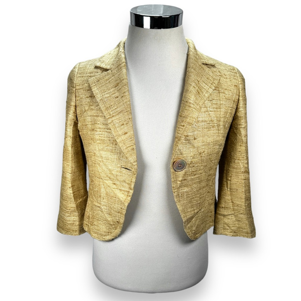 Marella Blazer Jacket Womens 4 Beige Gold One Button Collar Italy 100%‎ Silk